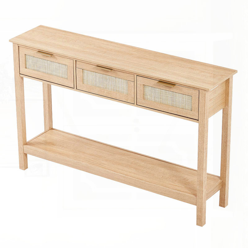 Rattan Console Table with 3 Storage Drawers and Sliding Door