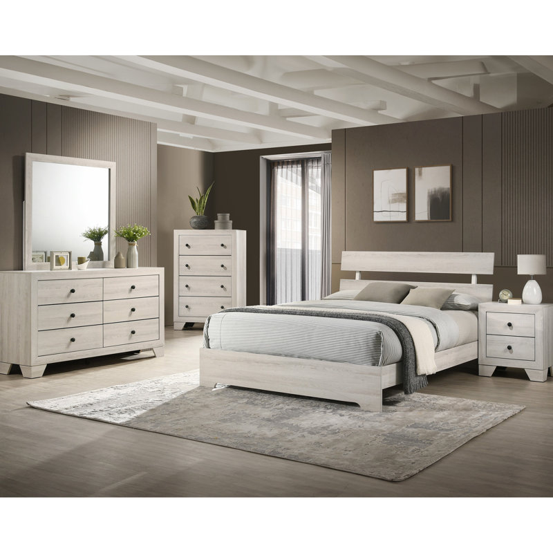 Structure de lit plateforme simple rustique, finition blanche délavée, esthétique contemporaine, bois, pour lit de chambre à coucher pour jeunes, placages de bois à profil bas, finition