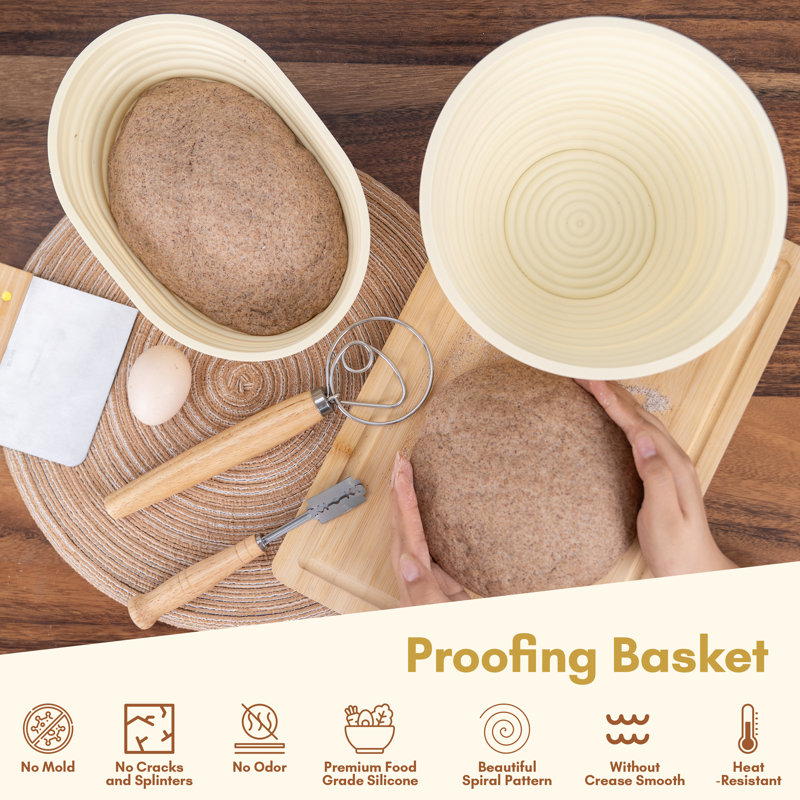 Bread Proofing Basket Set: 10" Oval & 9" Round with Liners, Dough Whisk, Lame, Scrapers & Sling. Sourdough Starter Kit.