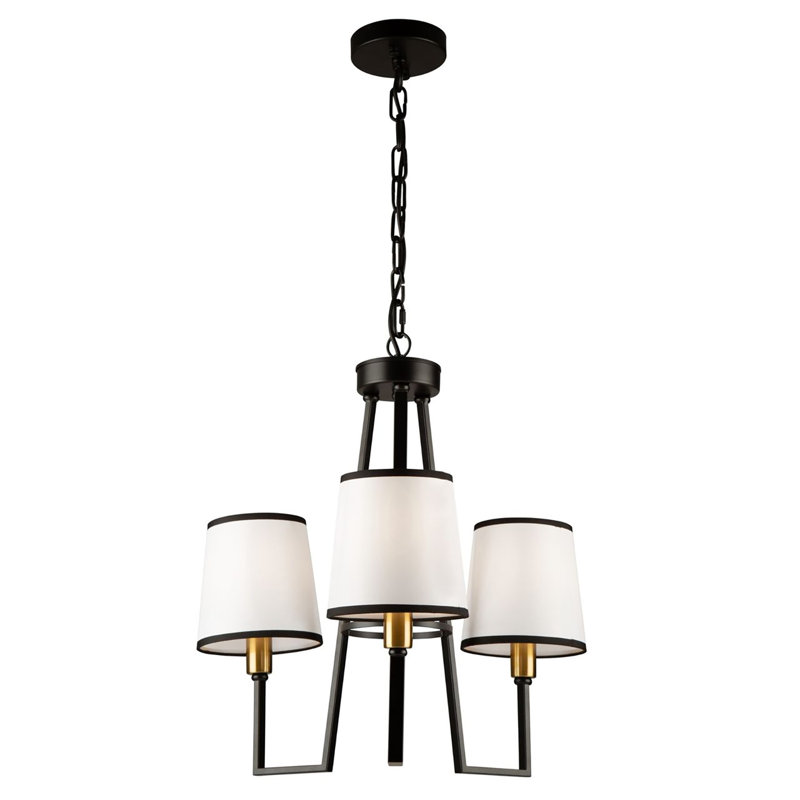 Coco Mini 3-Light Black and Gold Chandelier with White Linen Shade