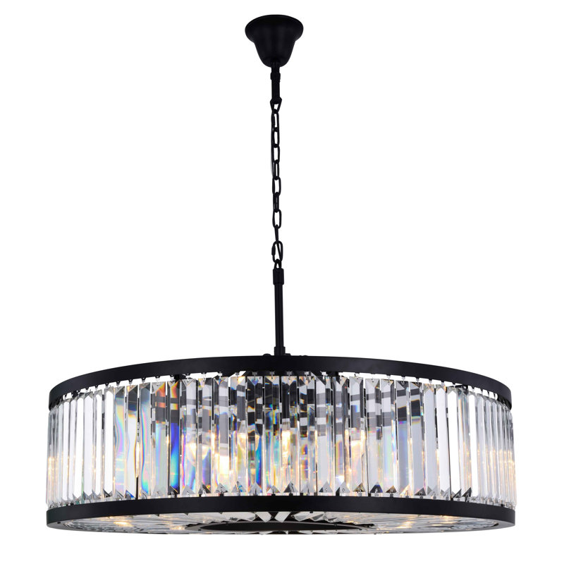 Lustre tambour unique à 10 lumières Dorinda, Transparent, Noir mat