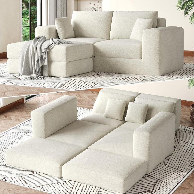 Canapé modulaire en L 80 po, siège à nuage profond réversible, tissu chenille, pour la maison - blanc (2 colis), Beige