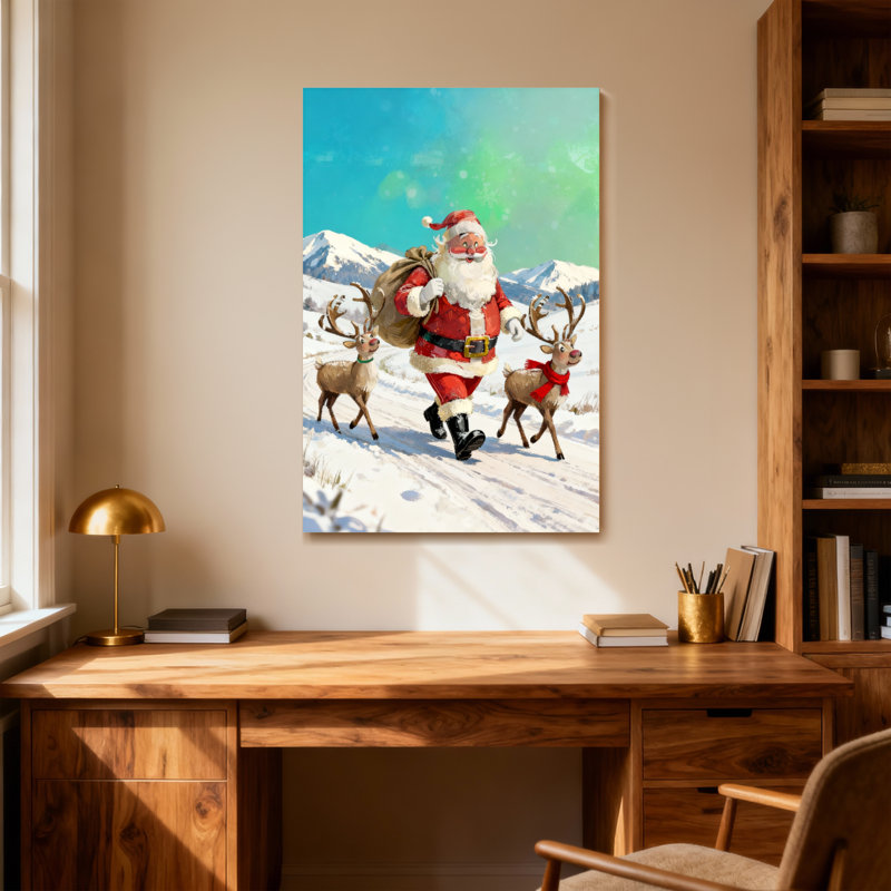 Noël père Noël marchant avec des rennes dans la neige