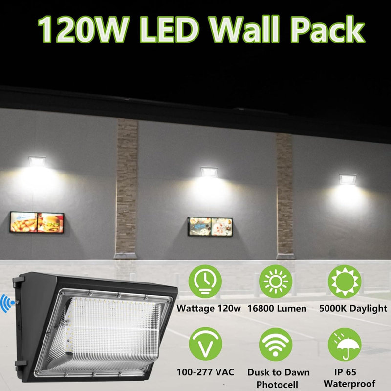 Ensemble de 2 lampes murales DEL Dusk To Dawn 120W, lumière du jour 15600LM 5000K, éclairage de sécurité extérieur certifié ETL pour les stationnements, les entrepôts et les entrées