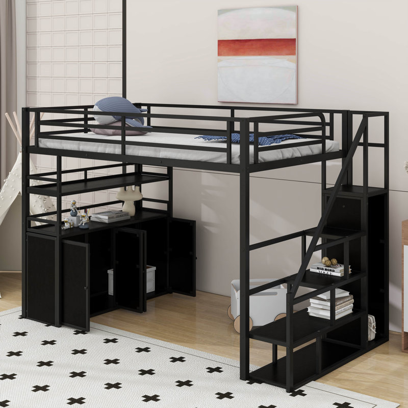 Lit mezzanine double en métal avec escalier de rangement et garde-robe, Noir, noir, noir, noir
