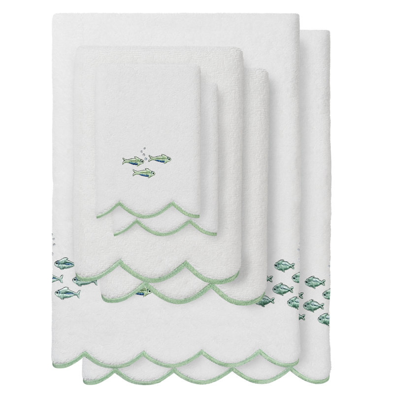  Ensemble de serviettes 100% coton festonné 100% coton, Blanc/vert, 6 Piece Towel Set