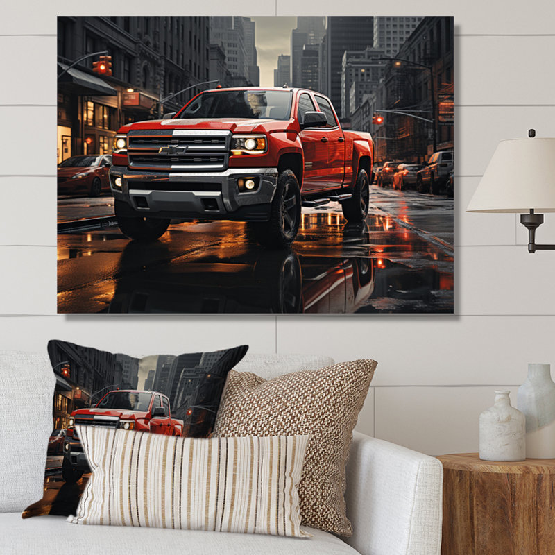 Red Pickup Truck Cityscape Hauler II - Transportation Canvas Art Print, H 12 po x l 20 po x P 1 po, Toile tendue