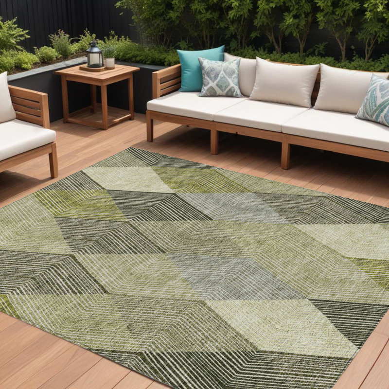 Tapis extérieur lavable 9 pi x 12 pi vert olive et ivoire Argyle