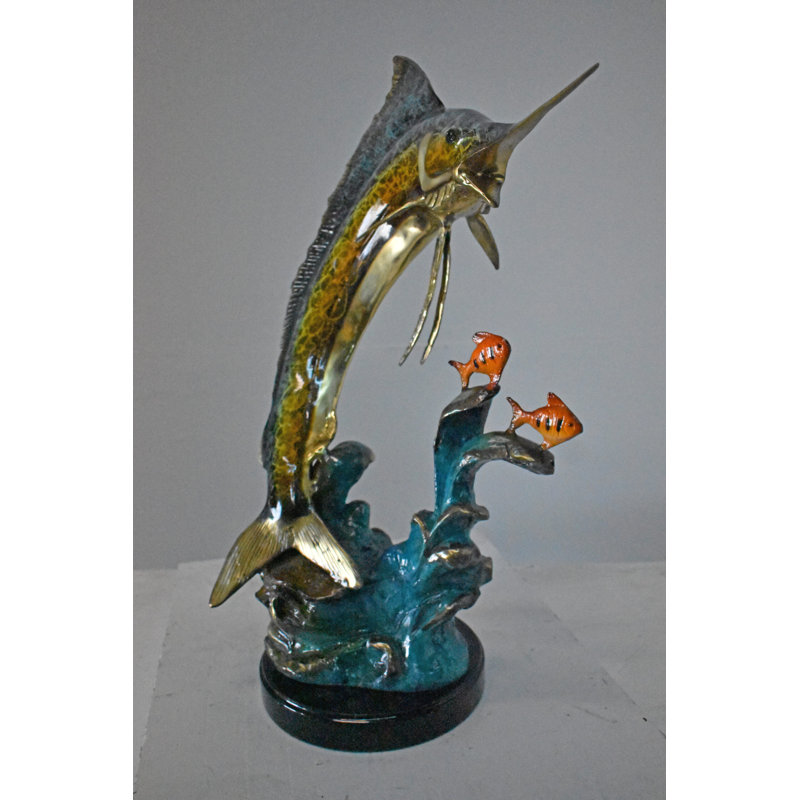 Statue espadon avec deux petits poissons en bronze sur marbre - Taille: L 21 po x l 13 po x H 28 po