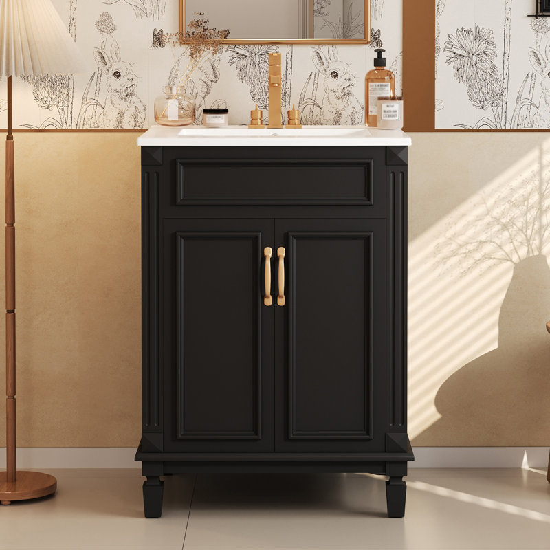 Single 24'' Bathroom Vanity With Ceramic Top, Black