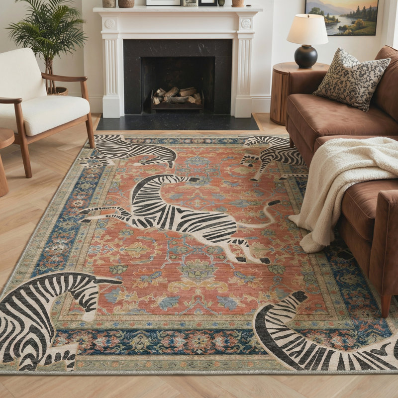 Zebra Animal Print Machine Washable Red / Blue / Beige Indoor Area Rug with Non-Slip Backing, Rectangle 8' x 10'