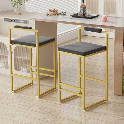 Ensemble de 2 tabourets de bar avec dossier et repose-pieds, chaises de salle à manger rembourrées en velours pour îlot de cuisine (doré et gris)