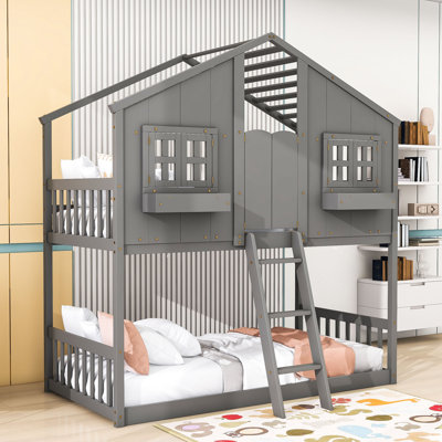 Jemison Twin over Twin Wood House Bunk Bed with Roof,Ladder and Window