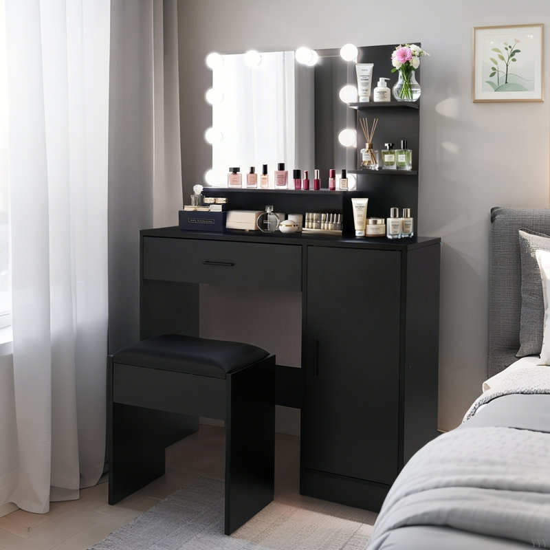 Bureau de coiffeuse avec miroir et lumières, coiffeuse de maquillage avec tiroir et armoire de rangement, 3 couleurs d'éclairage réglables, coiffeuse avec tablettes ouvertes pour la chambre à coucher, vestiaire