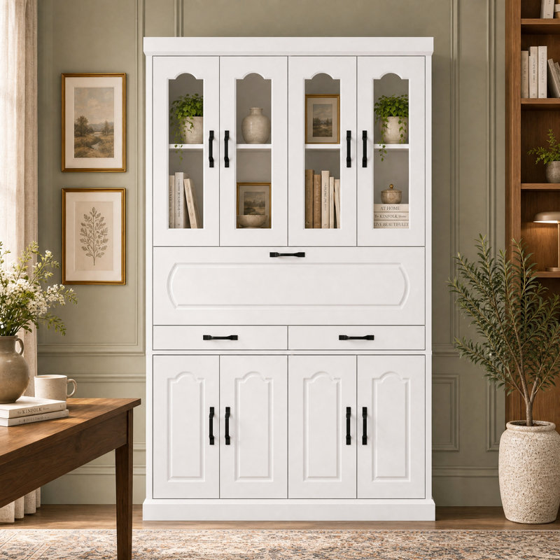 Secrétaire-bibliothèque blanche de 190 cm de haut avec bureau rabattable, portes vitrées, 2 tiroirs et trousse antibasculement