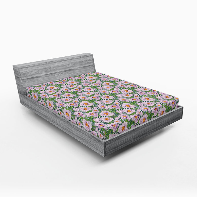 Ambesonne Nature Fitted Sheet Leaves Botanical Style Art, Full Fitted Sheet, Pastel Purple/Fern Green Floral