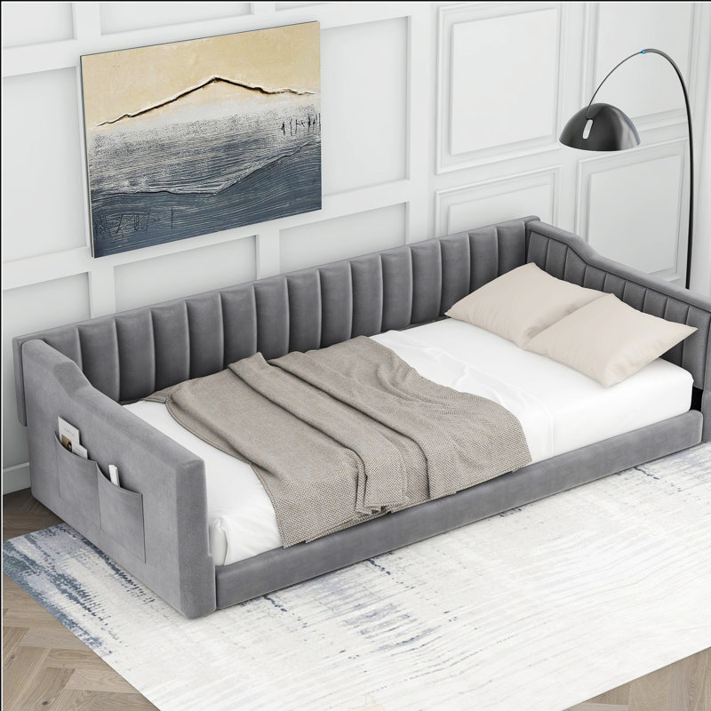 Twin XL Size Upholstery Daybed And Side Storage Pocket, Gray