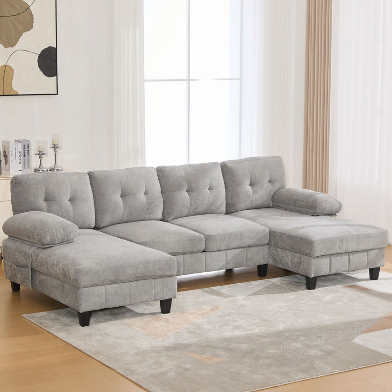 Canapé modulaire en U avec méridiennes doubles, poches de rangement et coussins d'accoudoirs, Gris chenille