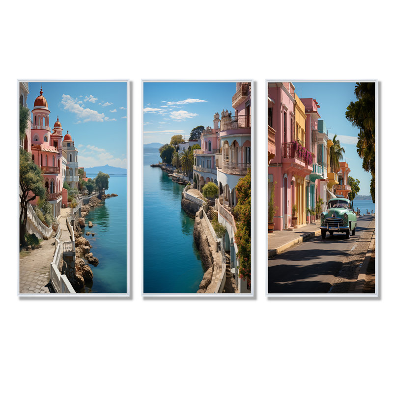 Cuba Cienfuegos perle du sud - ensemble de 4 décorations murales paysage cubain, H 28 po x l 36 po, Cadre flottant blanc