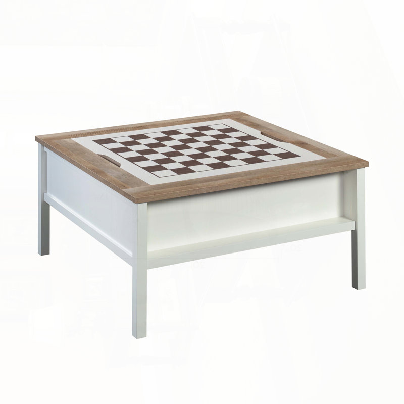 Table basse carrée avec surface de jeu d'échecs et rangement caché - Finition blanche