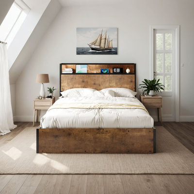 Tryston Lift Up Storage Full Bed Frame & Charging Station, Rustic Brown
