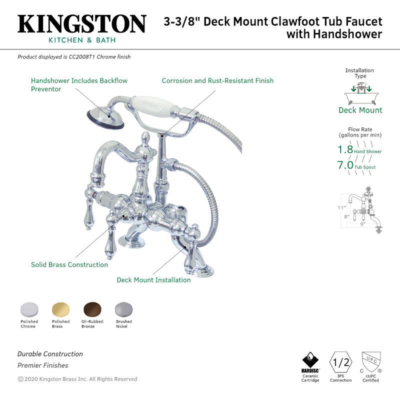 Kingston Brass Vintage Three-Handle 2-Hole Deck Mount Clawfoot Tub Faucet with Hand Shower, Brushed Nickel