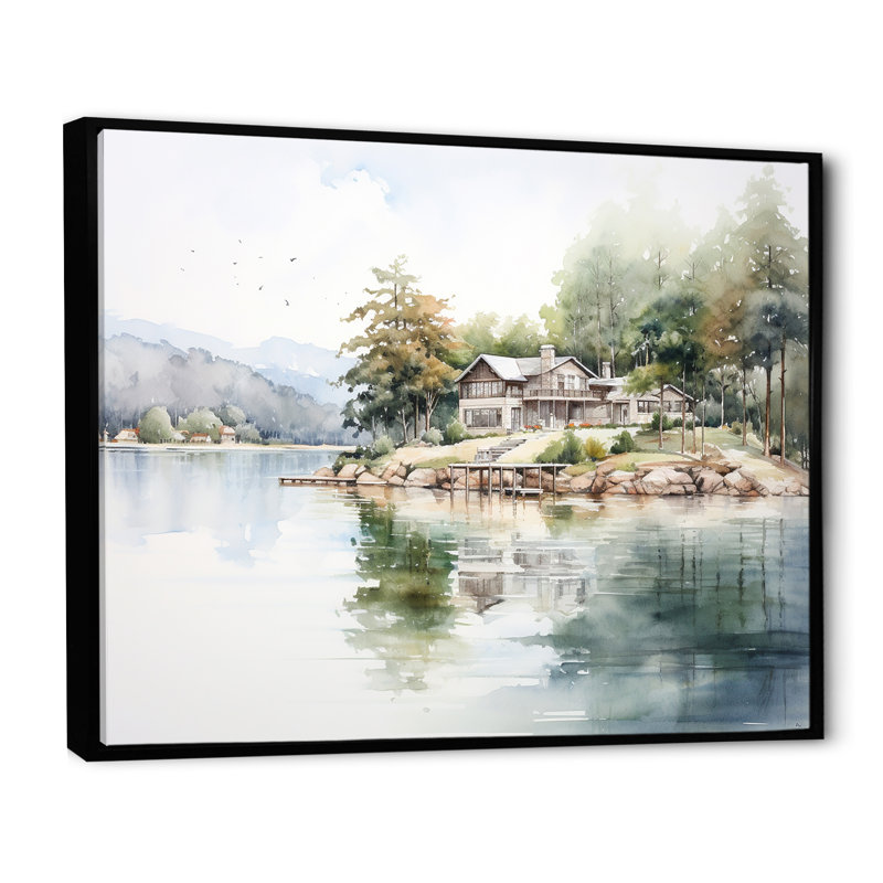 Beauté réfléchissante Lake House, H 16 po x l 32 po x P 1 po, Cadre flottant noir