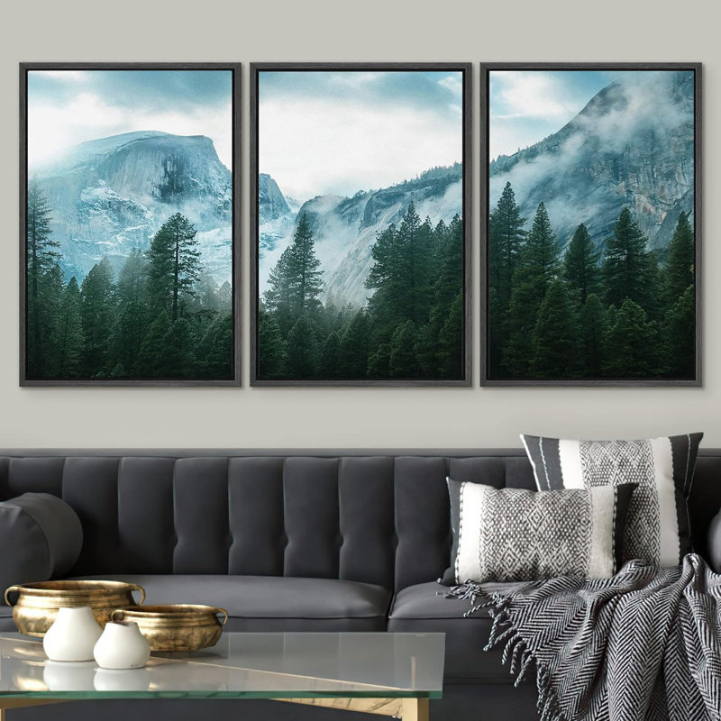 Woodland Nursery - Ensemble de 3 reproductions encadrées sur toile, H 24 po x l 48 po x P 1,5 po, Cadre noir