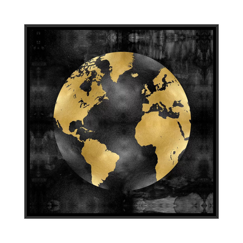 «The Globe Gold on Black», impression sur toile, H 18 po x l 18 po x P 1,5 po, Toile encadrée noire, Pas de tapis