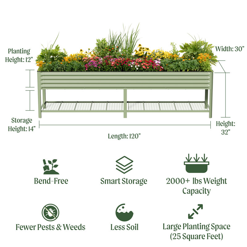 Jardinière surélevée en métal 32 po de hauteur et 120 po de longueur, Blanc perle