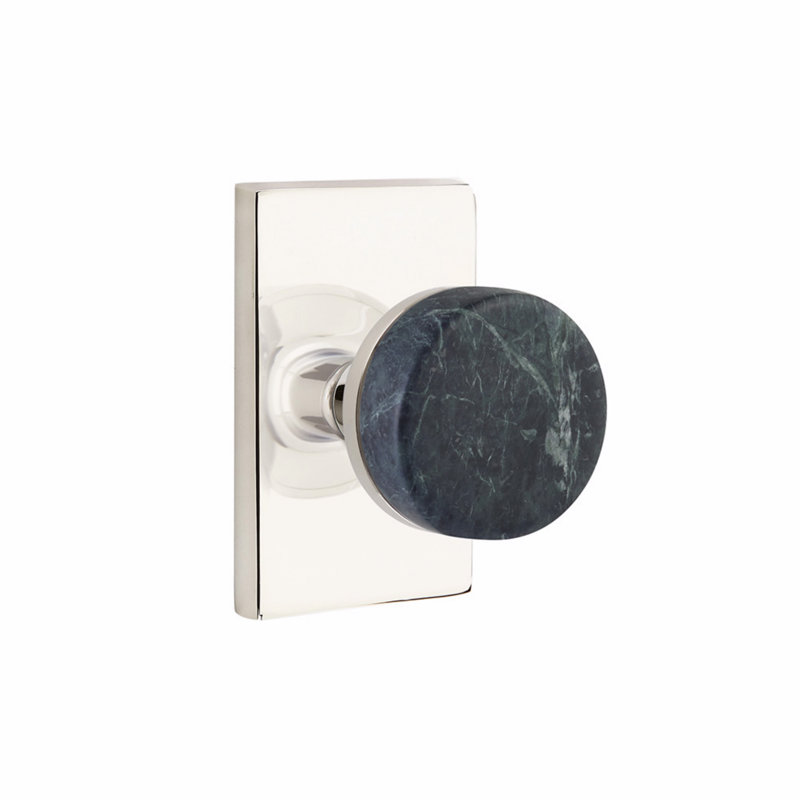 Ensemble de boutons de passage Emtek Select, moderne Rosette, tige conique, bouton en marbre vert, Nickel poli