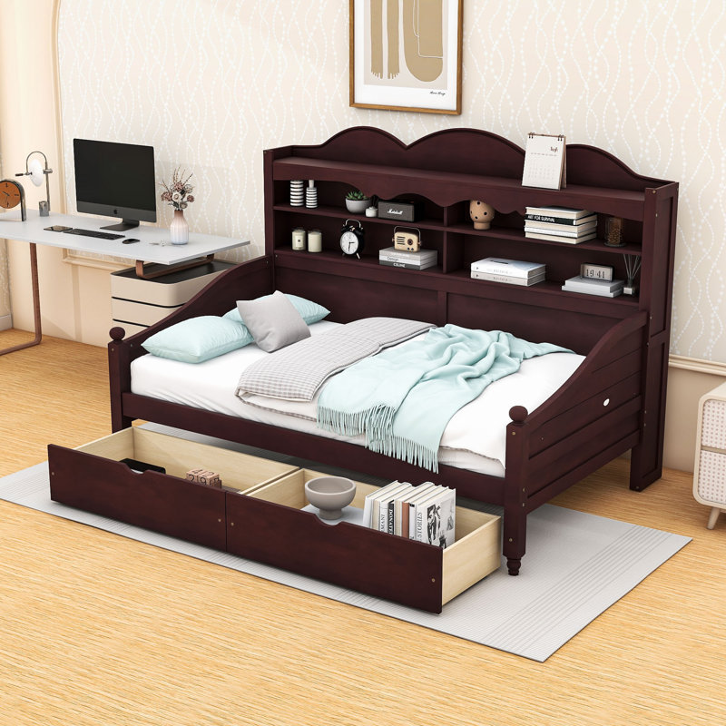 Twin Wooden Daybed with Storage and Hidden Drawers, Espresso