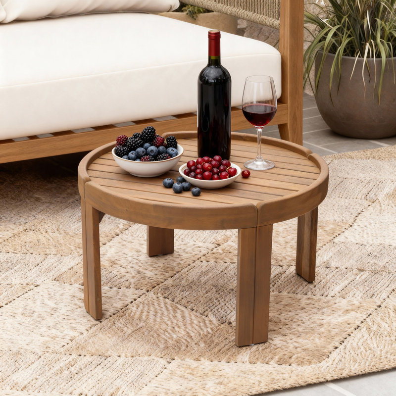 Table basse d'extérieur Acacia, table de patio ronde avec plateau, hauteur 15,7 po