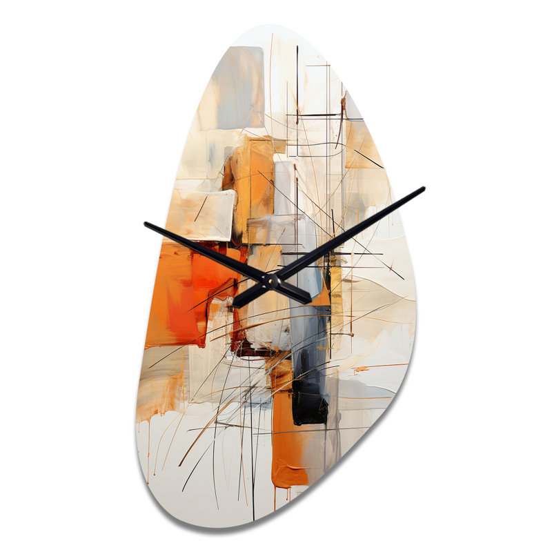 Orange gris, dessin au trait abstrait expressionnisme - horloge asymétrique en métal, horloge murale moderne, Médium