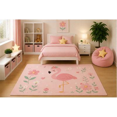 "Ultra Lightweight" 5' x 7' Kids Area Rug Pink Flamingo Floral Garden Rug Watercolor Nursery Girls Bedroom Playroom Decor Non-Slip Silicone Backing Low Pile