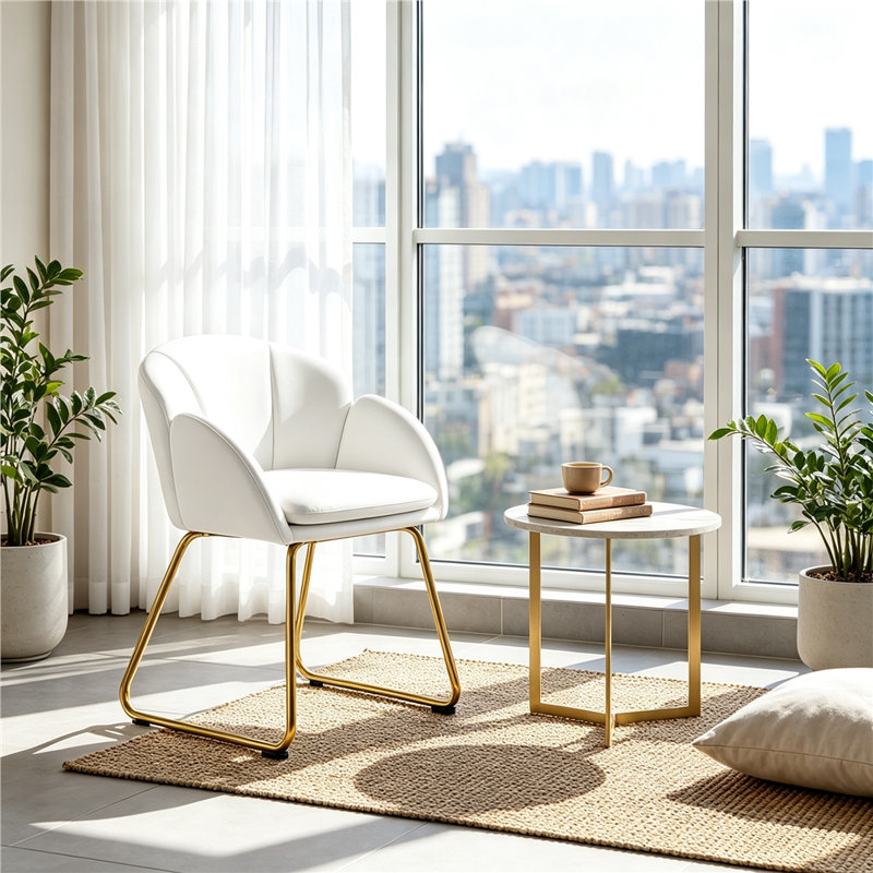 Flower Shape  Accent Armchair ,Tub Chair with Golden Metal Legs, PU leather/White