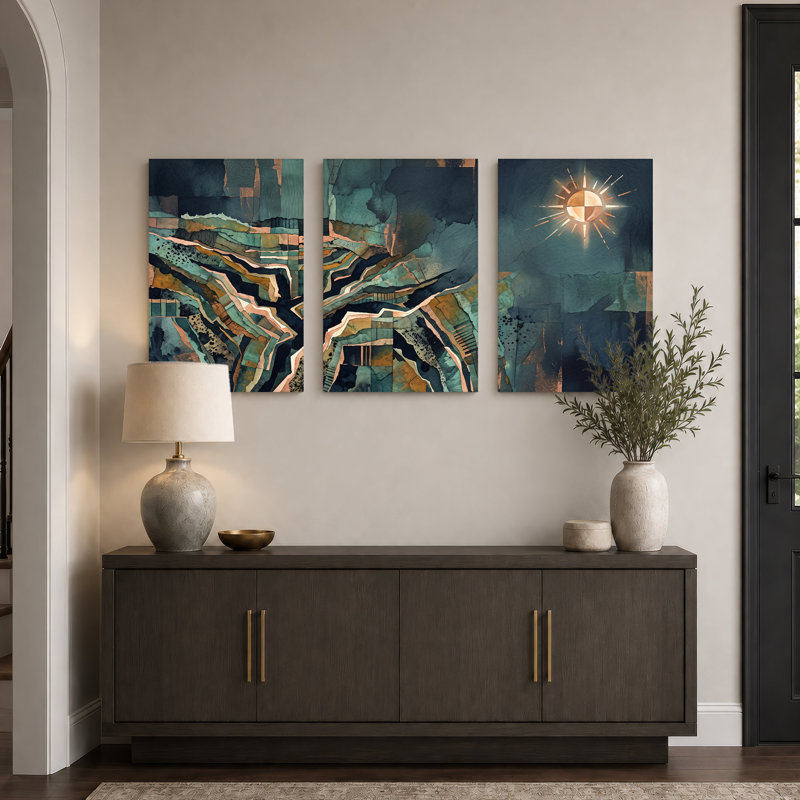 Ensemble de 3 toiles abstraites à motif géométrique bleu sarcelle et cuivre, H 18 po x l 12 po x 3 pièces