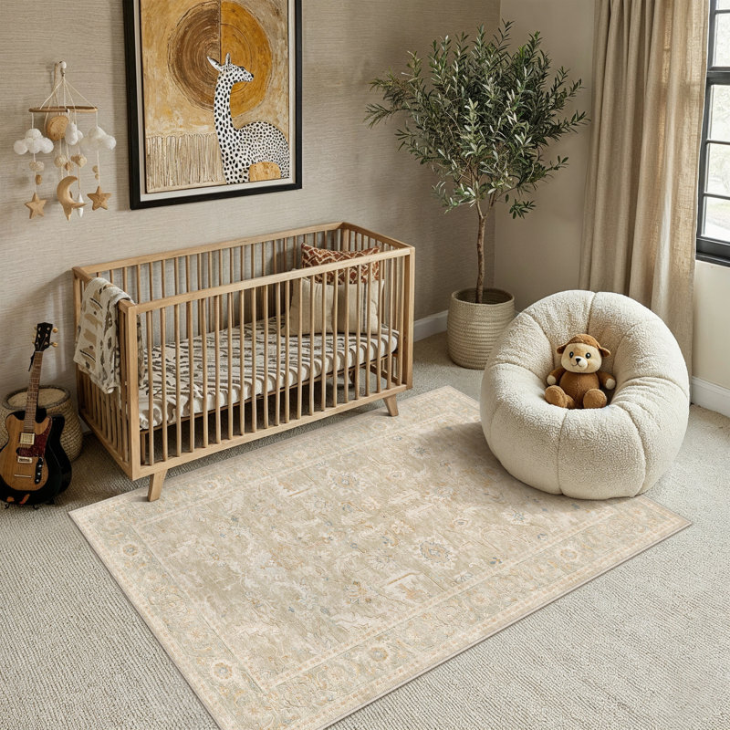 Tapis oriental lavable rétro Aurea avec envers antidérapant, Beige, Rectangulaire 3 pi x 5 pi