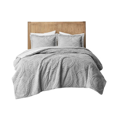 Full/Queen Embroidered Medallion Faux Fur Comforter In Grey With Filler And Quality