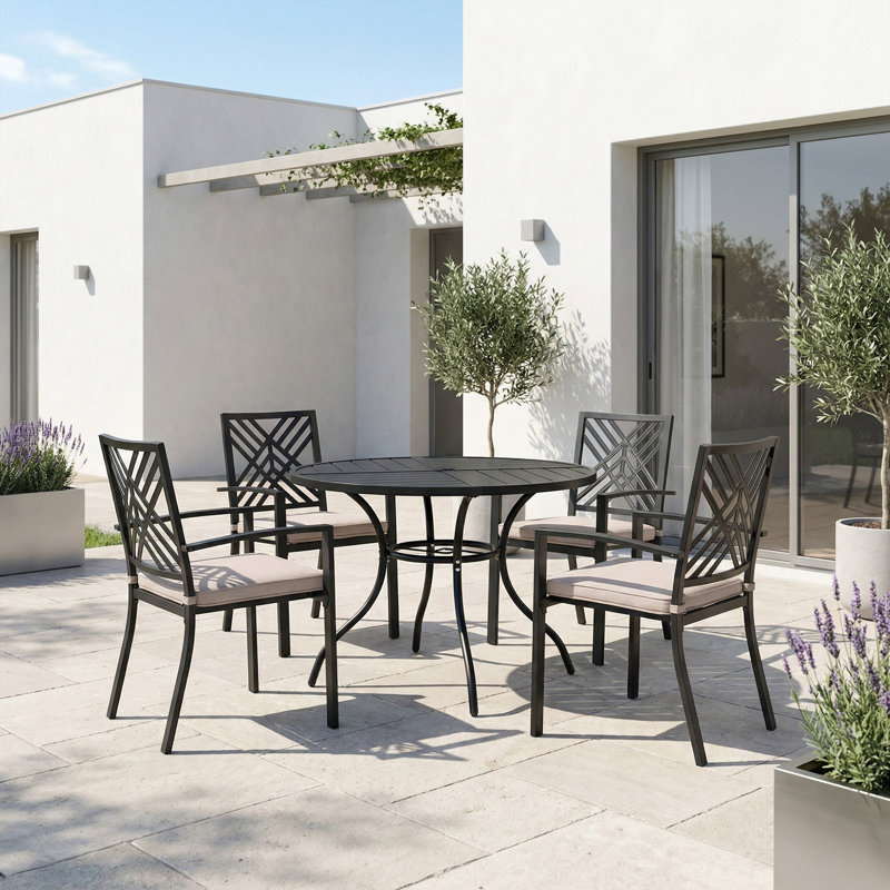  Ensemble de salle à manger de patio 5 pièces avec coussins, chaises empilables et ensemble de table pour le jardin, la cour arrière, la piscine