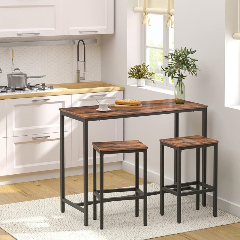 Bar Table And Chairs Set, 47.2” Rectangular Pub Table With 2 Stools For Small Space, High Top Table, 3-Piece Breakfast Table Set, Sturdy Metal Frame, Easy To Assemble, Rustic Brown