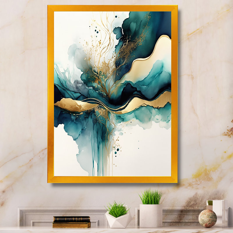 «Teal and Gold Abstract Expression III», art mural moderne sur toile, Impression encadrée, H 32 po x l 16 po, Doré