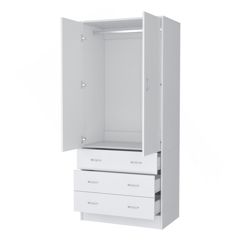Armoire Prescott, avec 2 portes, 3 tiroirs et 1 barre à vêtements, blanc, Blanc