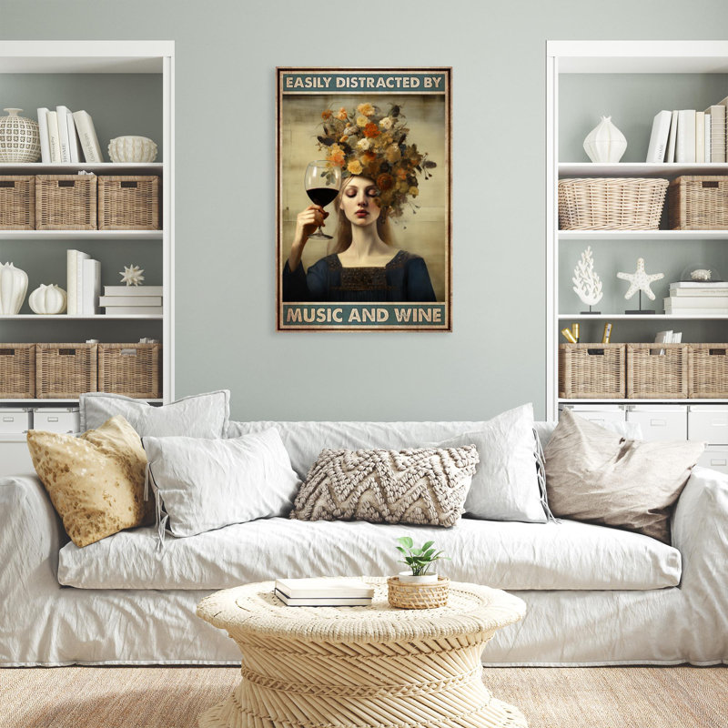 Fleurs et vin - 1 pièce, reproduction d'art graphique sur toile tendue, H 14 po x l 11 po x P 1,25 po