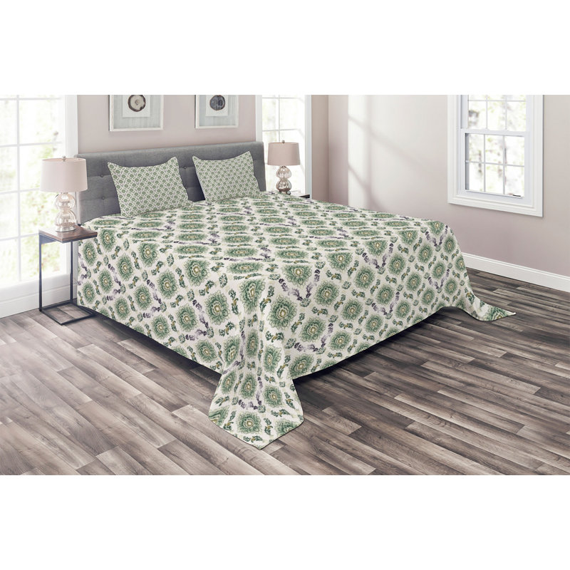 Farmhouse / Country Polyester Damask Coverlet, King Bedspread + 2 Shams, Green