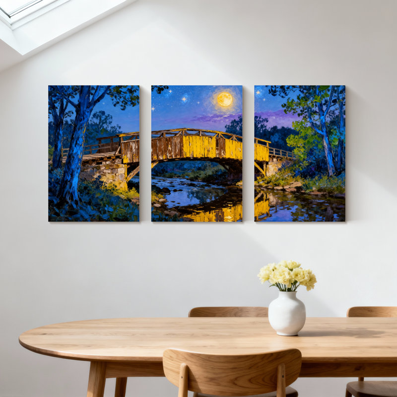 «Abstract Night Bridge River Moon Trees Reflection Landscape», ensemble de 3 impressions sur toile, H 18 po x l 36 po
