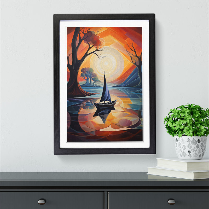 Boat on a Lake Futurism Art - Framed Print, 34cm H x 25cm W x 2cm D, Black Framed