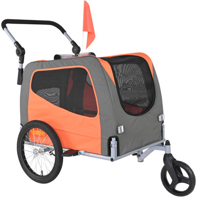 Dog Bike Trailer, Supports up to 66 lbs, 2-in-1 Pet Stroller Cart Bicycle Carrier, Easy Folding Cart Frame with Quick Release Wheels, Universal Bicycle Coupler, Reflectors, Flag, Orange/Gray