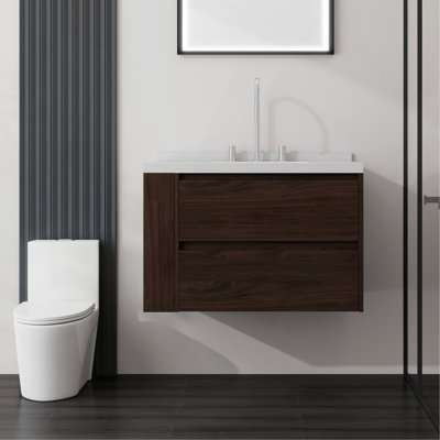 Meuble-lavabo suspendu de 76 cm avec lavabo, tiroir à fermeture amortie, comptoir et dosseret en marbre de Carrare reconstitué de 5 cm, contreplaqué