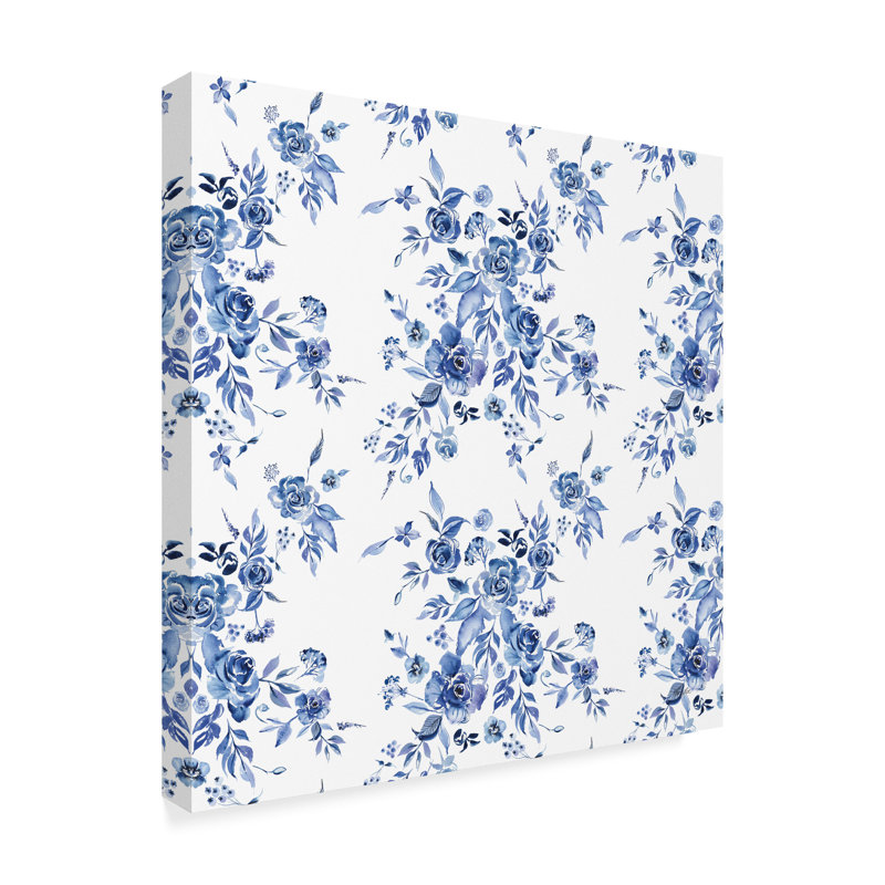 « bleu faïence plaisir pattern i », reproduction de peinture à l’aquarelle sur toile tendue, H 14 po x l 14 po x P 2 po